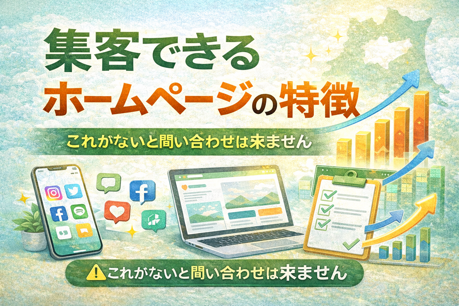 集客できるホームページの特徴と問い合わせを増やすポイントを解説する青森の中小企業向けアイキャッチ画像